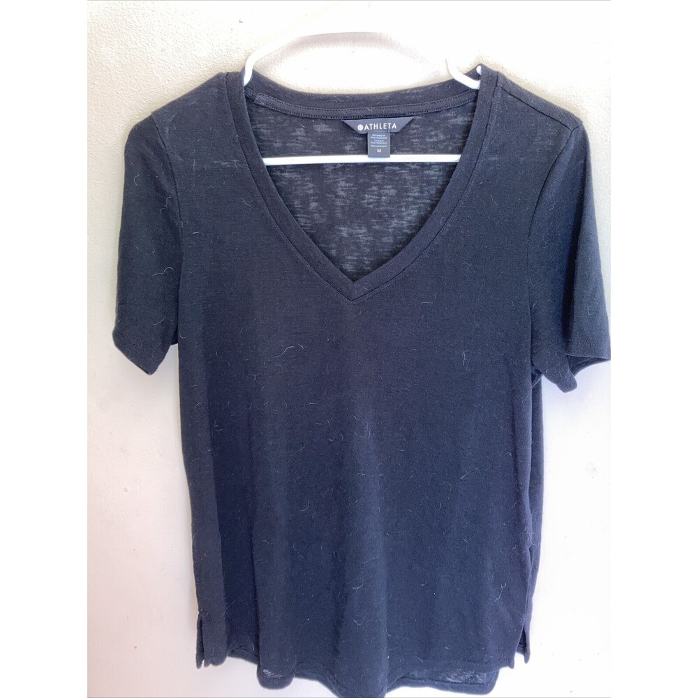 ATHLETA WOMEN'S BLACK SCOOP V-NECK SHORT SLEEVE BREEZY TEE Sz M